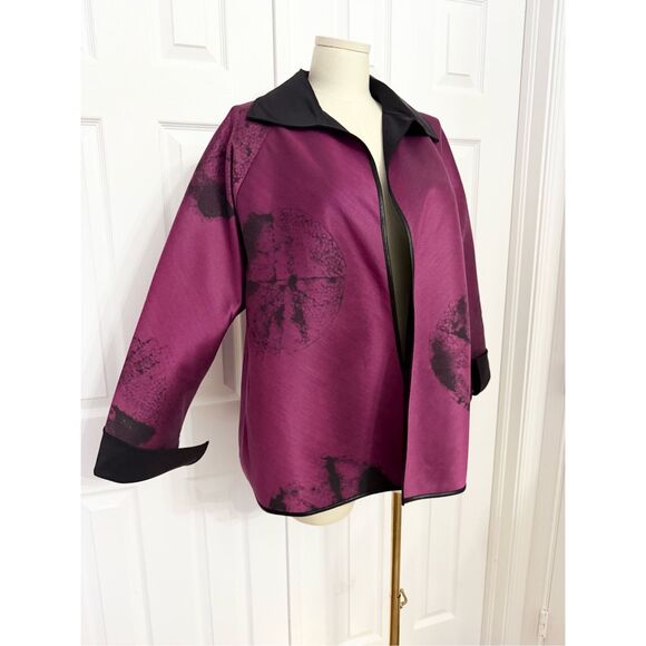 Margot Rozanska Womens Purple Black Abstract Print Open Front Jacket Large - Picture 1 of 8